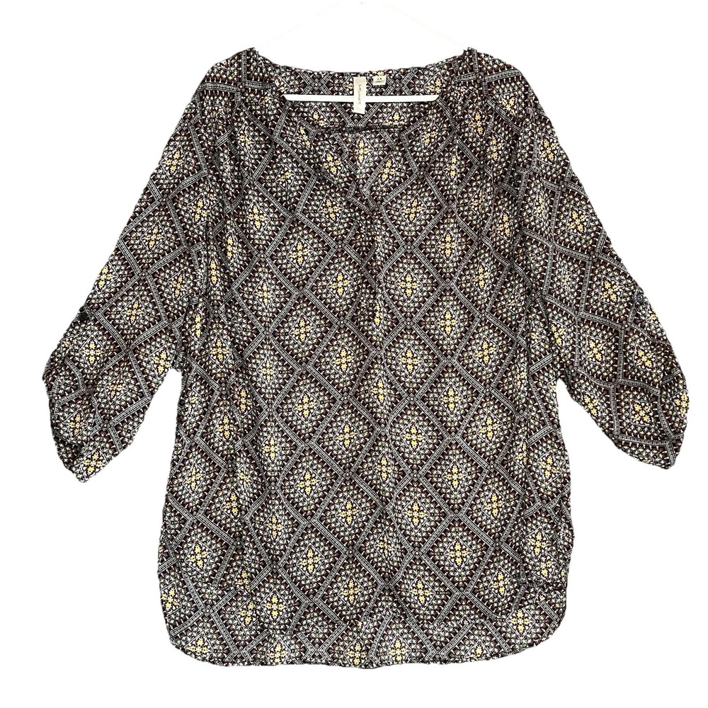 Tacera Blouse Womens 2X Black Multicolor Geometric Print Pullover‎ Lightweight